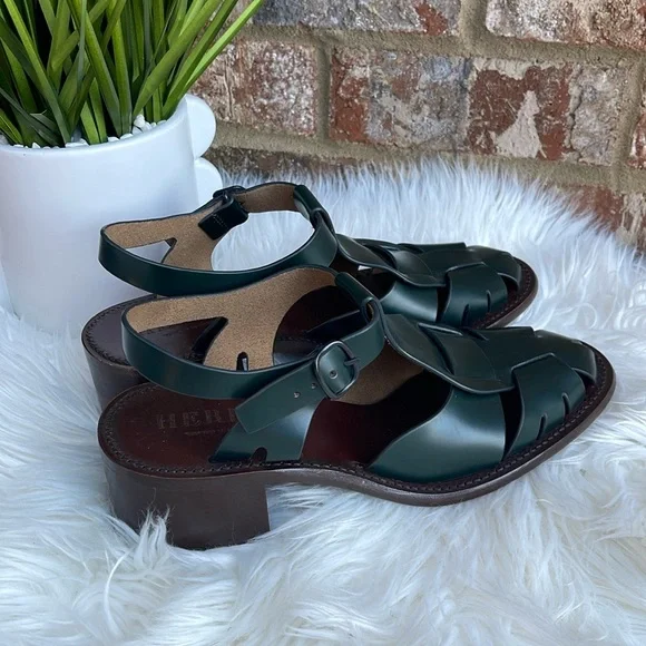 NEW Hereu Pesca Block Heel Fisherman Sandals Green Cutout Leather Shoes 40/US 10 - Picture 3 of 9